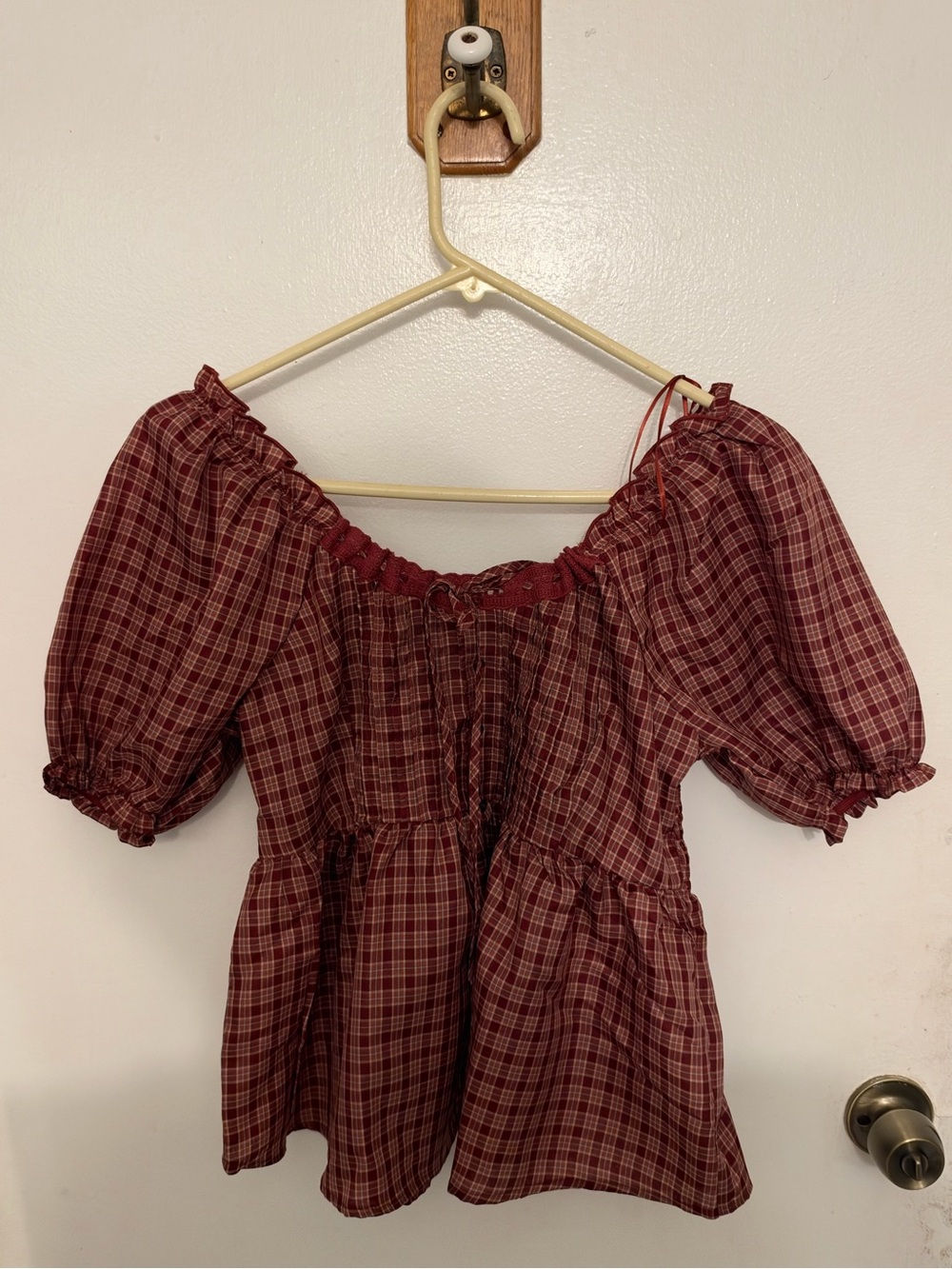 Plaid Off-Shoulder Peasant Blouse in Burgundy
